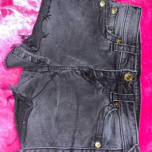 True Religion Black Denim Shorts with Gold Buttons